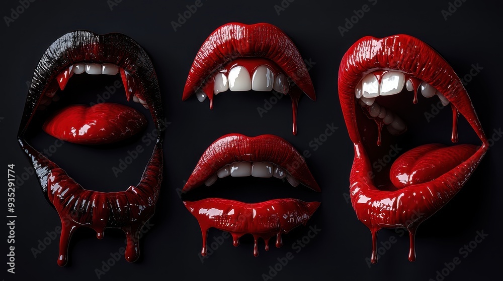 Set of Sexy Vampire mouths and teeth vector set of Halloween horror holiday monsters,female lips with fangs,halloween witches or beast creatures,Vampire bloody lips set,banner elements. Set of Sexy Vampire mouths and teeth vector set of Halloween horror holiday monsters,female lips with fangs,halloween witches or beast creatures,Vampire bloody lips set,banner elements.