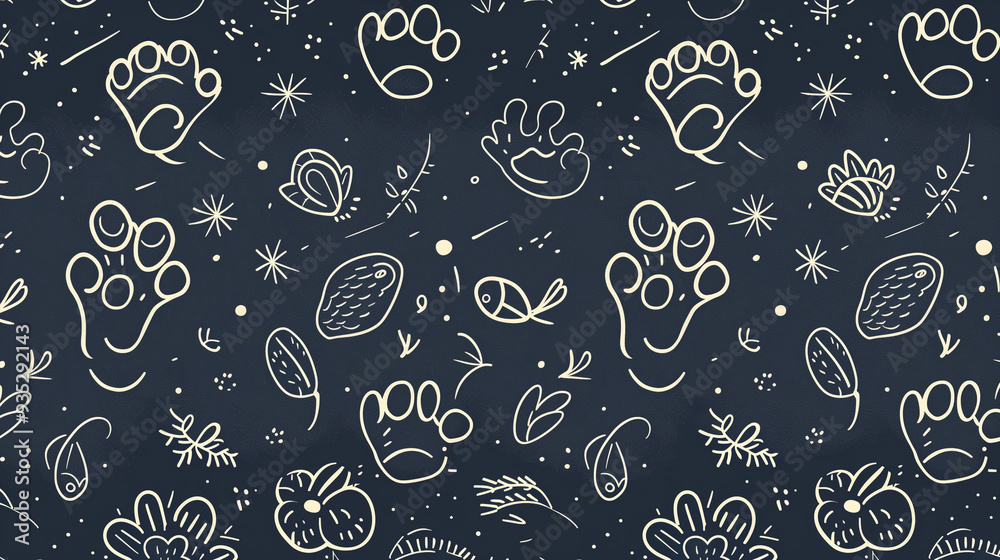 Seamless pattern of black and white animals and nature elements on a dark background.. Seamless pattern of black and white animals and nature elements on a dark background..