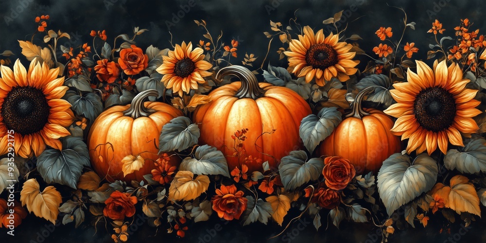 Lovely hand drawn Thanksgiving seamless pattern with pumpkins and sunflowers, great Lovely hand drawn Thanksgiving seamless pattern with pumpkins and sunflowers, great