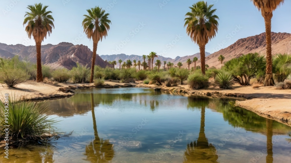 Desert oasis with pond and palm trees, transparent background Desert oasis with pond and palm trees, transparent background