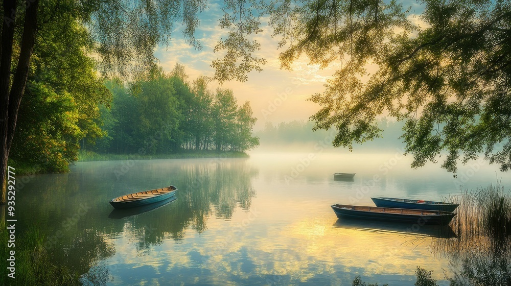 A serene lake with small fishing boats, encircled by tall trees, capturing the essence of tranquility in nature. A serene lake with small fishing boats, encircled by tall trees, capturing the essence of tranquility in nature.
