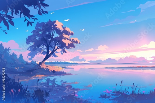 Lone tree standing by a twilight lake. Cozy vibe, Generative AI