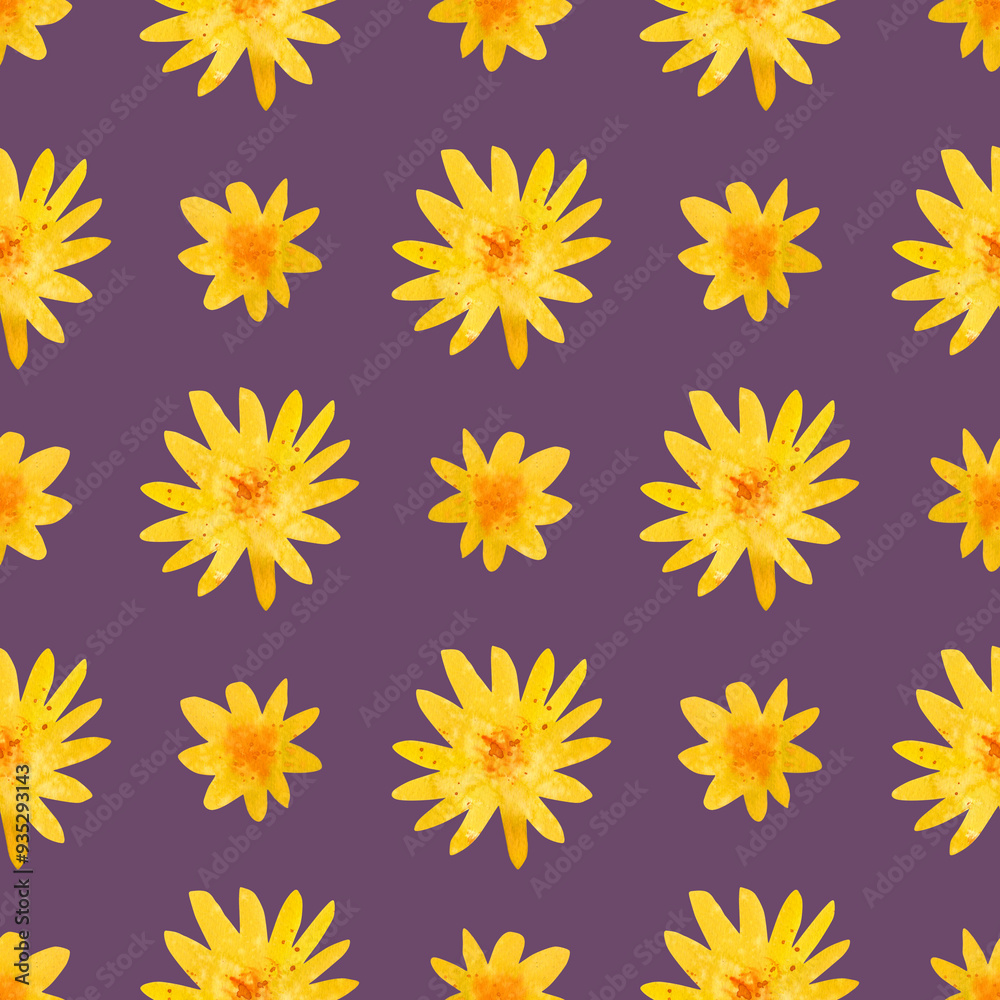 Watercolour yellow delicate flowers illustration seamless pattern. On purple background. Hand painted floral element. Drawn Botanical. For fabric, wallpaper, wrapping. Summer, spring vibes print decor Watercolour yellow delicate flowers illustration seamless pattern. On purple background. Hand painted floral element. Drawn Botanical. For fabric, wallpaper, wrapping. Summer, spring vibes print decor