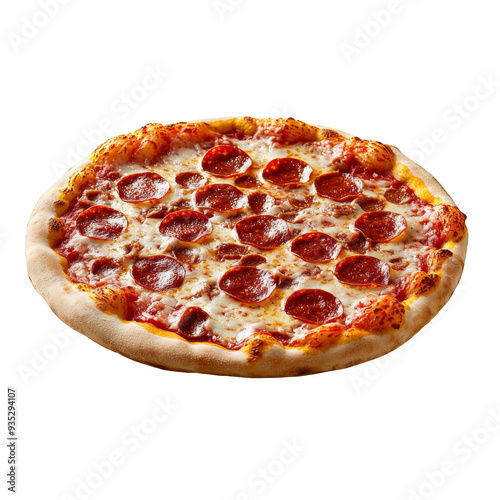 Pizza with crispy crust and melted cheese on a white background