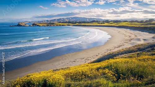 A wide shot of the stunning beach at San Simeon along Highway 1, California, reveals a serene coastline framed by rolling hills and rocky cliffs.