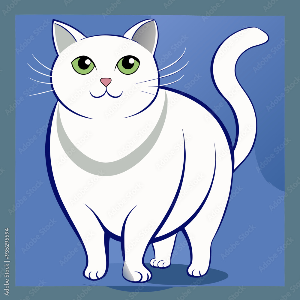 White cat cartoon illustration standing with tail up against blue background White cat cartoon illustration standing with tail up against blue background