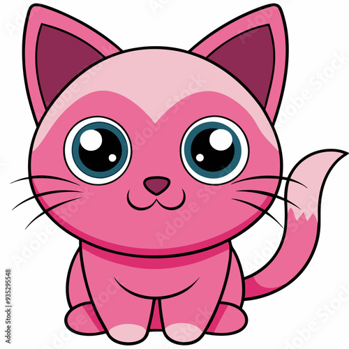 Cute pink cartoon cat with large blue eyes sitting and patiently waiting