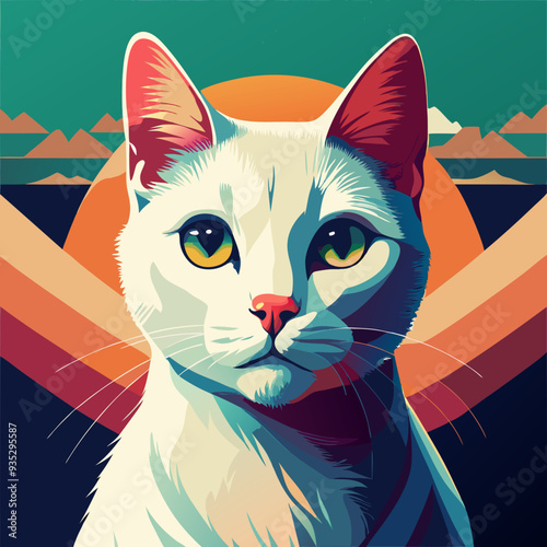 White cat posing on colorful geometric background, a portrait of a cat with big eyes in pop art style for cat lovers