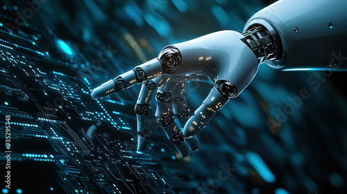 Artificial intelligence robot hand pointing to a digital technology background with a circuit board