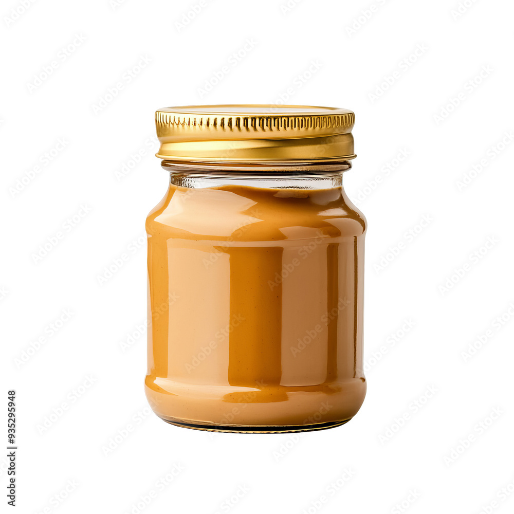 Glass bottle with golden lid filled with caramel sauce Glass bottle with golden lid filled with caramel sauce