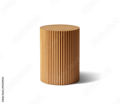 A cylindrical wooden side table with fluted lines on the outside, against a white background