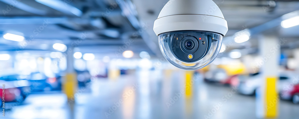 A high-tech IP security camera installed in a modern parking garage, capturing a wide-angle view of the area A high-tech IP security camera installed in a modern parking garage, capturing a wide-angle view of the area