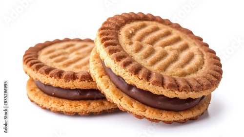 Two chocolate filled sandwich cookies on a white background.