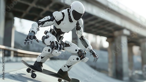 Robot Skater Performing Trick: A robotic skater performing an intricate trick on a sleek, modern skateboard. 