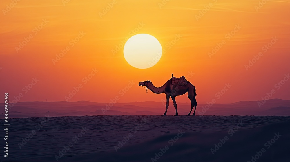 Majestic camel silhouette crossing the desert, framed by the warm hues of a round sunset on the horizon. Majestic camel silhouette crossing the desert, framed by the warm hues of a round sunset on the horizon.
