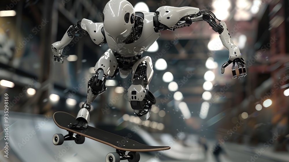 Fototapeta premium Robot Skater Performing Trick: A robotic skater performing an intricate trick on a sleek, modern skateboard. 