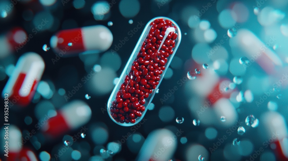 Close-Up of Floating Red and White Pills in a Luminous Background Highlighting the Medicine Concept Close-Up of Floating Red and White Pills in a Luminous Background Highlighting the Medicine Concept