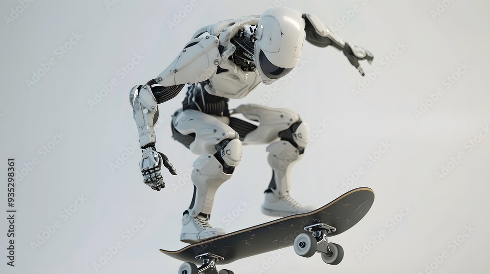 Robot Skater Performing Trick: A robotic skater performing an intricate trick on a sleek, modern skateboard.
Robot Skater Performing Trick: A robotic skater performing an intricate trick on a sleek, modern skateboard.