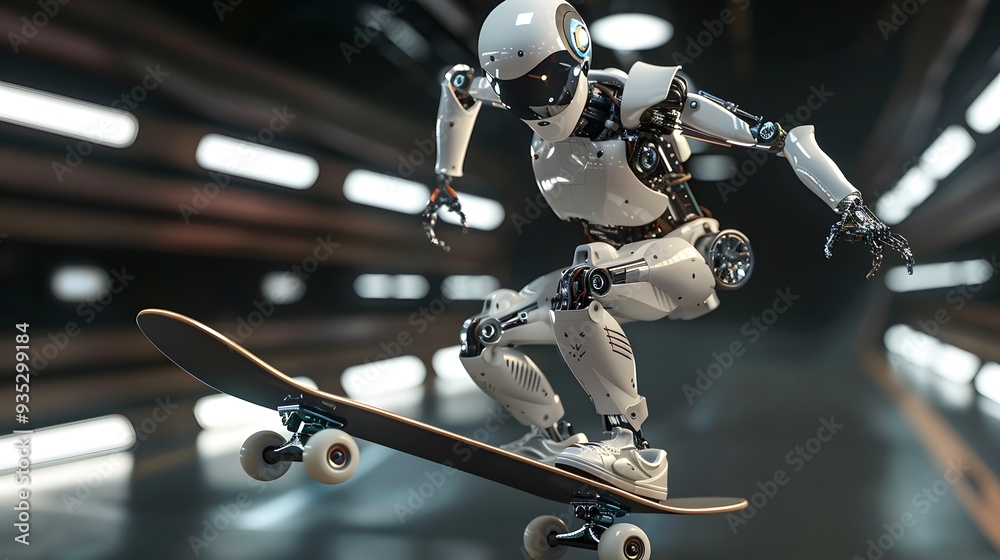 Fototapeta premium Robot Skater Performing Trick: A robotic skater performing an intricate trick on a sleek, modern skateboard. 