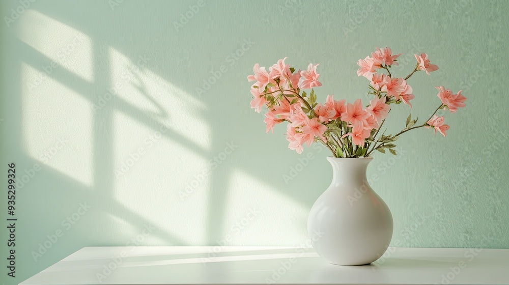 Soft pink flowers in a white vase, displayed on a minimalist table with pastel green walls in the background, exuding calm and charm. Soft pink flowers in a white vase, displayed on a minimalist table with pastel green walls in the background, exuding calm and charm.