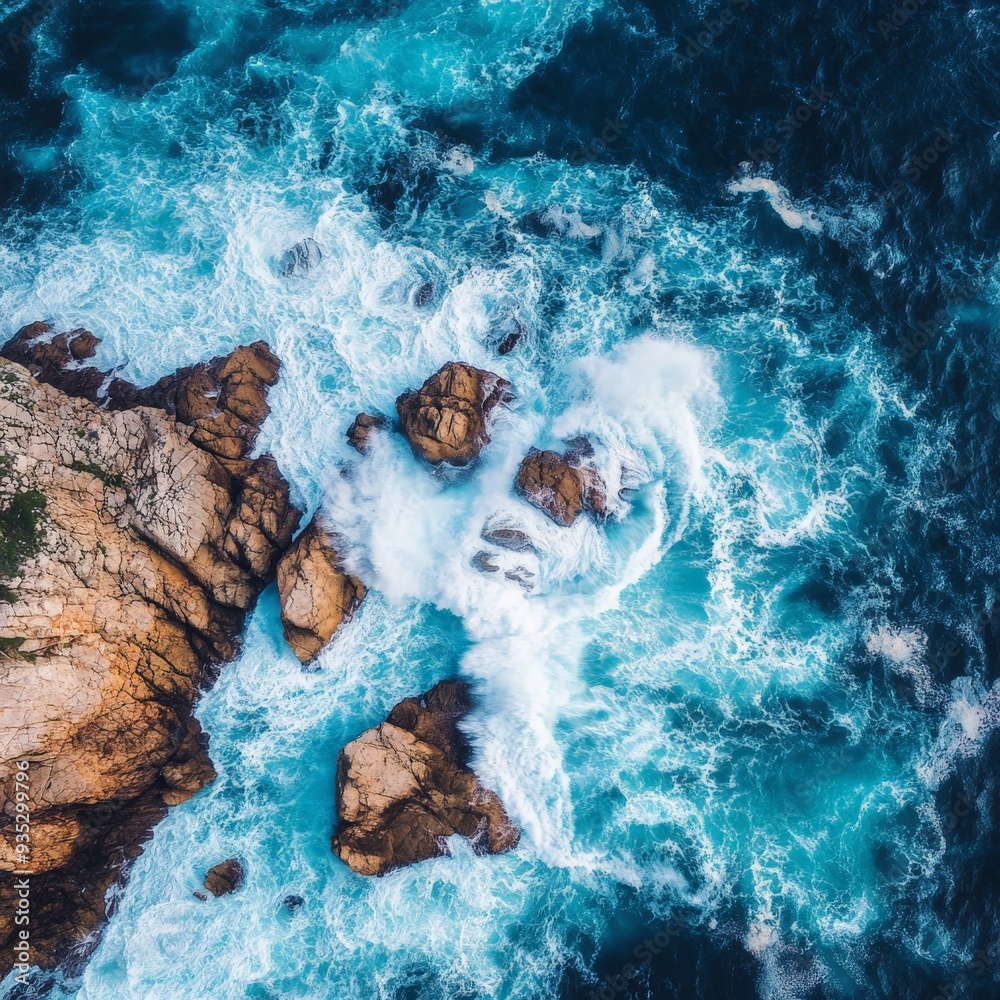 Aerial View of Ocean Waves Crashing Against Rocky Coast. Aerial View of Ocean Waves Crashing Against Rocky Coast.