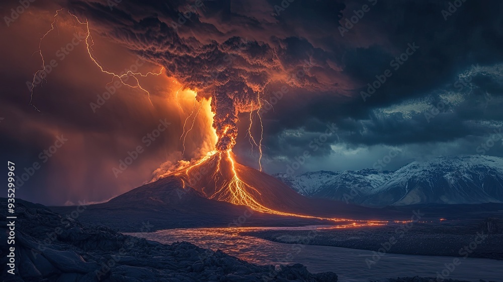 Fototapeta premium Volcanic lightning illuminating the dark sky above an erupting volcano, creating a stunning and fearsome natural display.