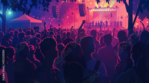 A crowd at a music festival , theme of society
