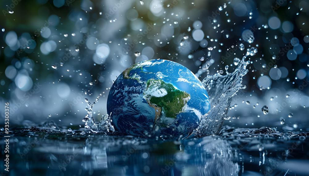 planet earth with splashes and drops of water planet earth with splashes and drops of water