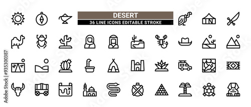 36 Desert Line Icons Set Pack Editable Stroke Vector Illustration.