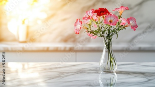 Vibrant Medium Shot of Petunia Flower in Vase on Marble Background