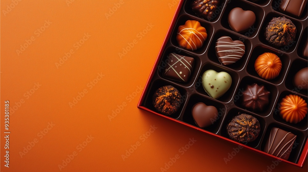 Box of assorted chocolates on an orange background.