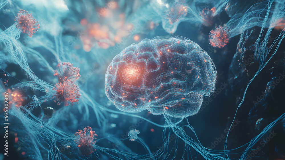 Obraz premium A surreal depiction of an AI brain floating in a vast, abstract data network