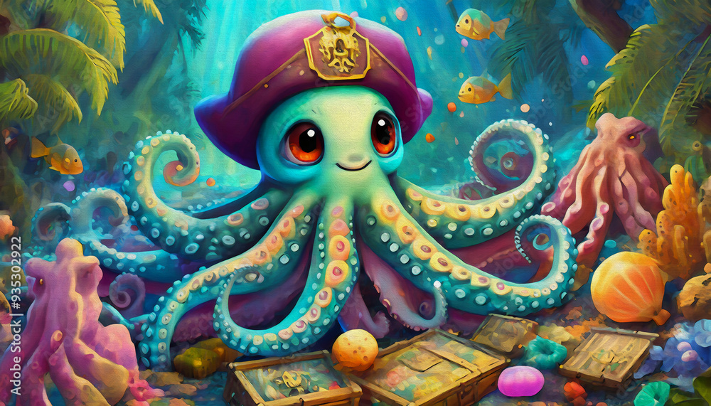 oil painting style , cartoon character illustration, octopus, animal, under the sea, under the surface, lost treasure, pirate's treasure, oil painting style , cartoon character illustration, octopus, animal, under the sea, under the surface, lost treasure, pirate's treasure,