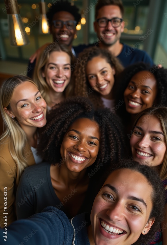 Obraz premium A cheerful group of diverse professionals smiling and standing together in a modern office setting, showcasing teamwork and inclusivity.