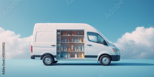 White van parked on gradient ground with shelves filled differen