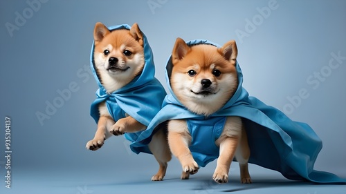 superdog canine, Adorable shiba inu puppy flying and bouncing on a light blue background with copy space, wearing a blue cloak and mask. The idea of a comical animal, leader, super canine, and superhe photo