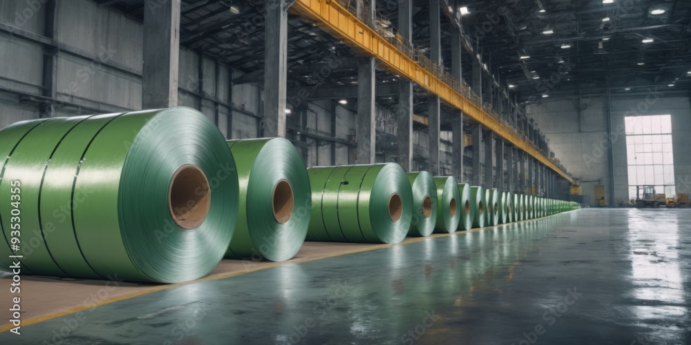 Industrial Warehouse with New Steel Coils in Neat Rows, High Cei Industrial Warehouse with New Steel Coils in Neat Rows, High Cei