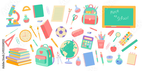 A colorful assortment of school supplies, including a backpack, a book, a calculator, a ruler, a pencil, a soccer ball, and a clock