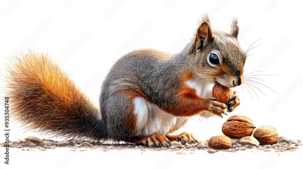 Cute Squirrel Eating Walnut with White Background Cute Squirrel Eating Walnut with White Background