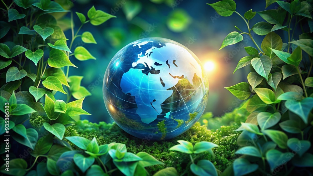 A glowing blue globe surrounded by green leaves and vines, symbolizing the importance of conserving energy and protecting the planet's natural resources.
