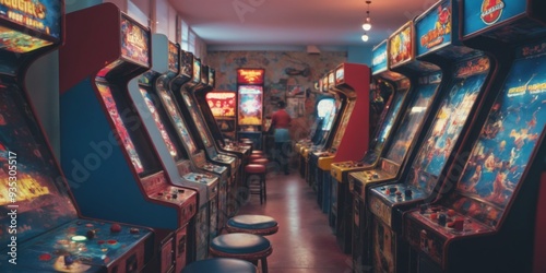 Vibrant Arcade Room with Neatly Aligned Machines and Colorful Ac