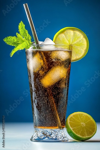 Refreshing Cold Soda with Ice, Mint, and Lime in an Elegant Glass on White Tabletop Against Blue Background for Product Photography