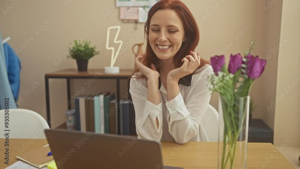 A smiling redhead woman enjoying a video call at home, exuding warmth and approachability. A smiling redhead woman enjoying a video call at home, exuding warmth and approachability.