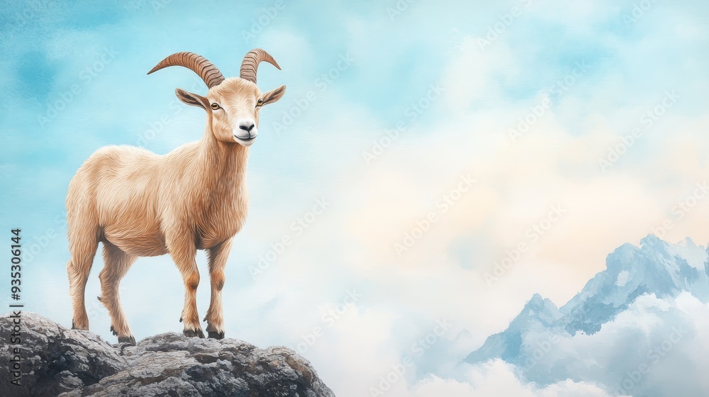 Obraz premium Mountain Goat on Rocky Peak with Cloudy Sky