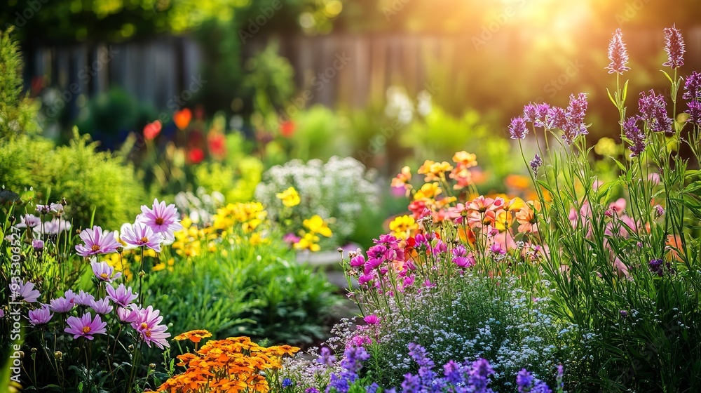 Naklejka premium backyard garden with colorful flowers in bloom on a sunny afternoon 
