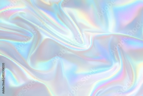 Holographic Background with Iridescent Rainbow Effect and Flowing Fabrics in Pastel White and Light Blue Colors for Dreamy and Ethereal Visuals