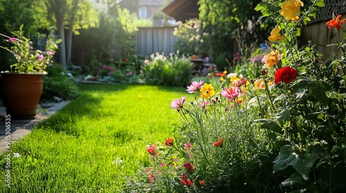 backyard garden with colorful flowers in bloom on a sunny afternoon