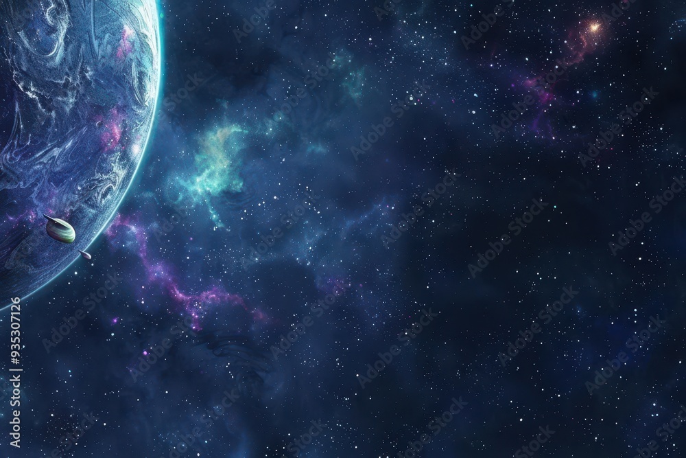 Obraz premium A celestial body with rings in a cosmic landscape with nebulae and stars