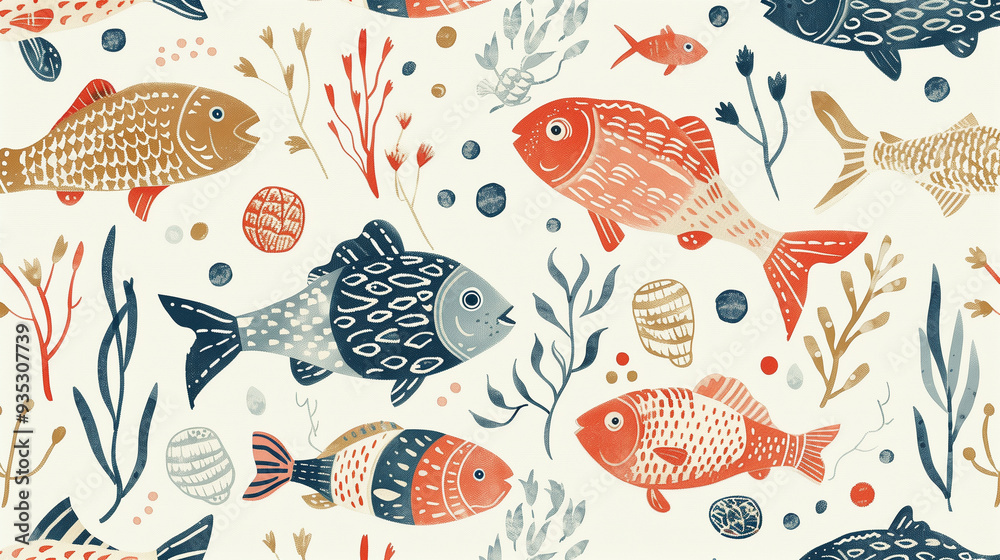 Naklejka premium Underwater-Themed Seamless Pattern of Colorful Fish and Aquatic Plants