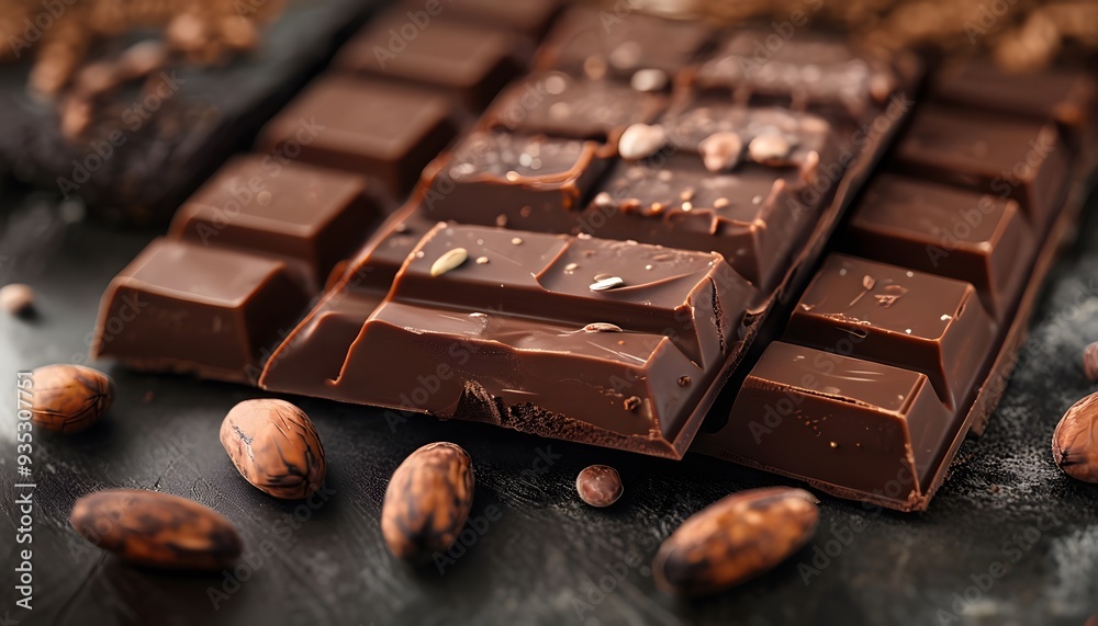 Plain chocolate bars with cocoa beans. Plain chocolate bars with cocoa beans.